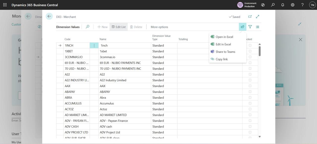 D03 Merchant dimension values with the share menu open and Open in Excel highlighted