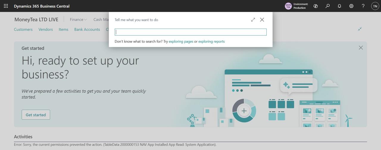 Microsoft Dynamics 365: the Tell me what you want to do search window