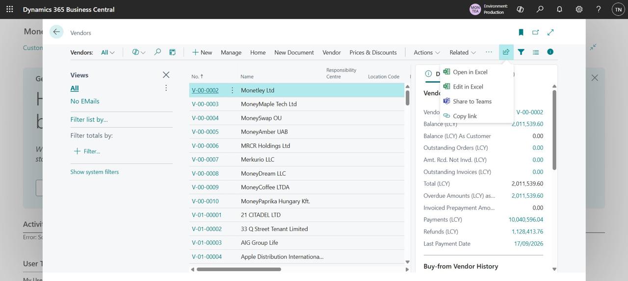 Vendors list with the share menu open and Open in Excel highlighted